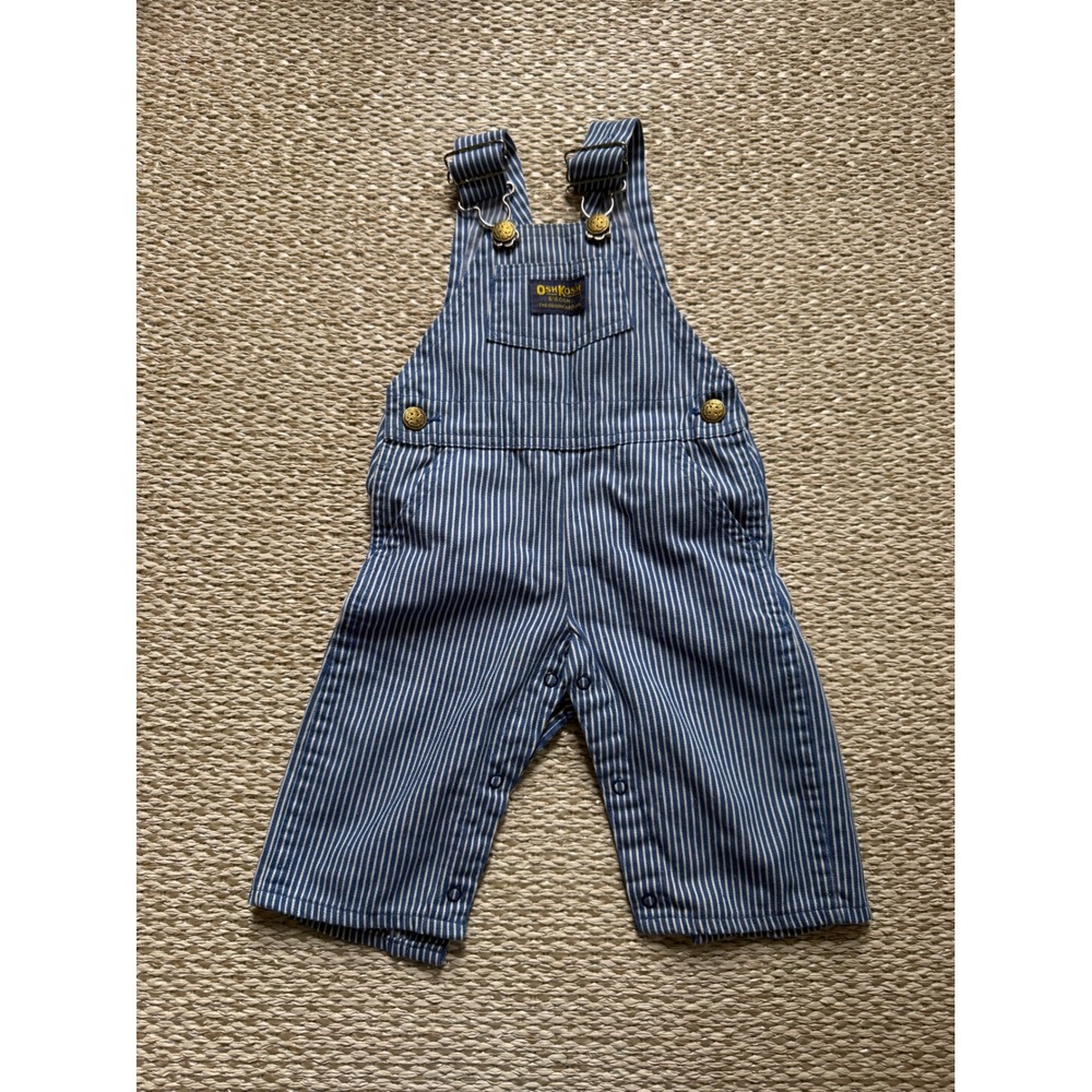 Vintage OshKosh Bgosh 80's Stripe Overalls Blue White Railroad Kids 6/9 Months